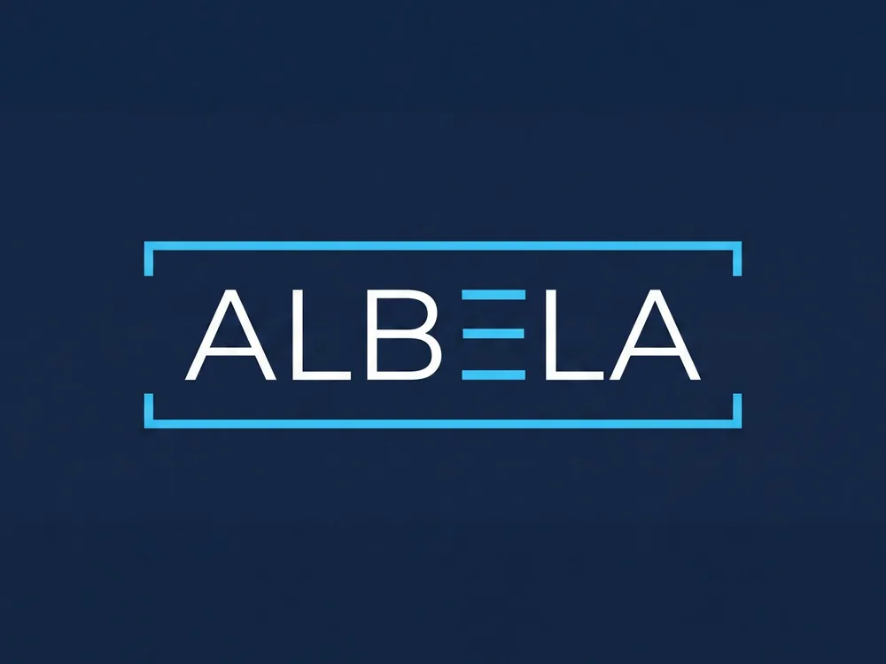 Логотип ALBELA — белые буквы в рамке, буква E из трёх бирюзовых полос