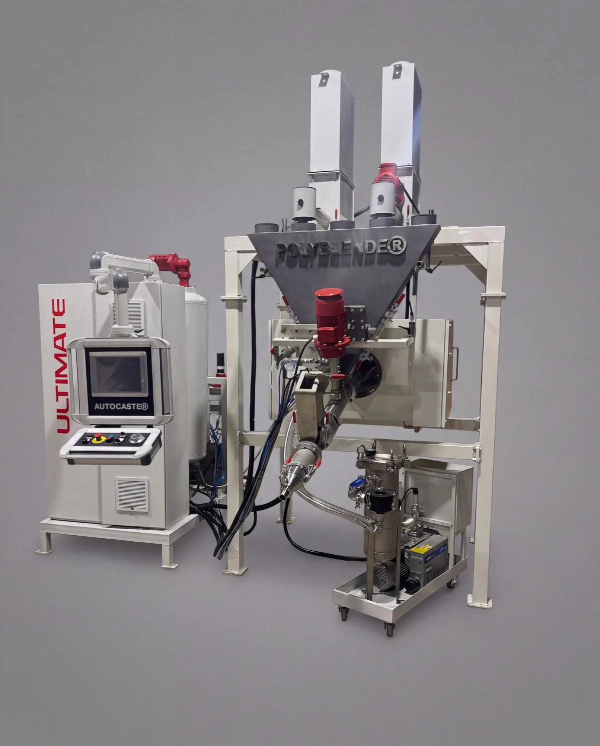Эпоксидная литьевая установка POLYBLENDER в сборе — стойка управления AUTOCASTER® с сенсорной панелью и маркировкой ULTIMATE, бункер-воронка POLYBLENDER® с двумя шнековыми дозаторами, смесительная головка и вакуумный насос на тележке