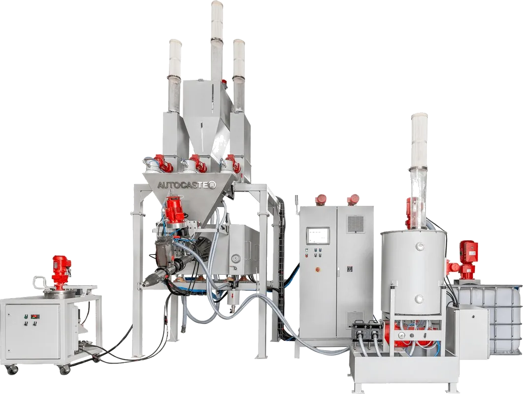 Полиуретановая линия POLYBLENDER в сборе — трёхбункерный дозатор AUTOCASTER®, миксер-тележка, шкаф управления и реактор с IBC-контейнером